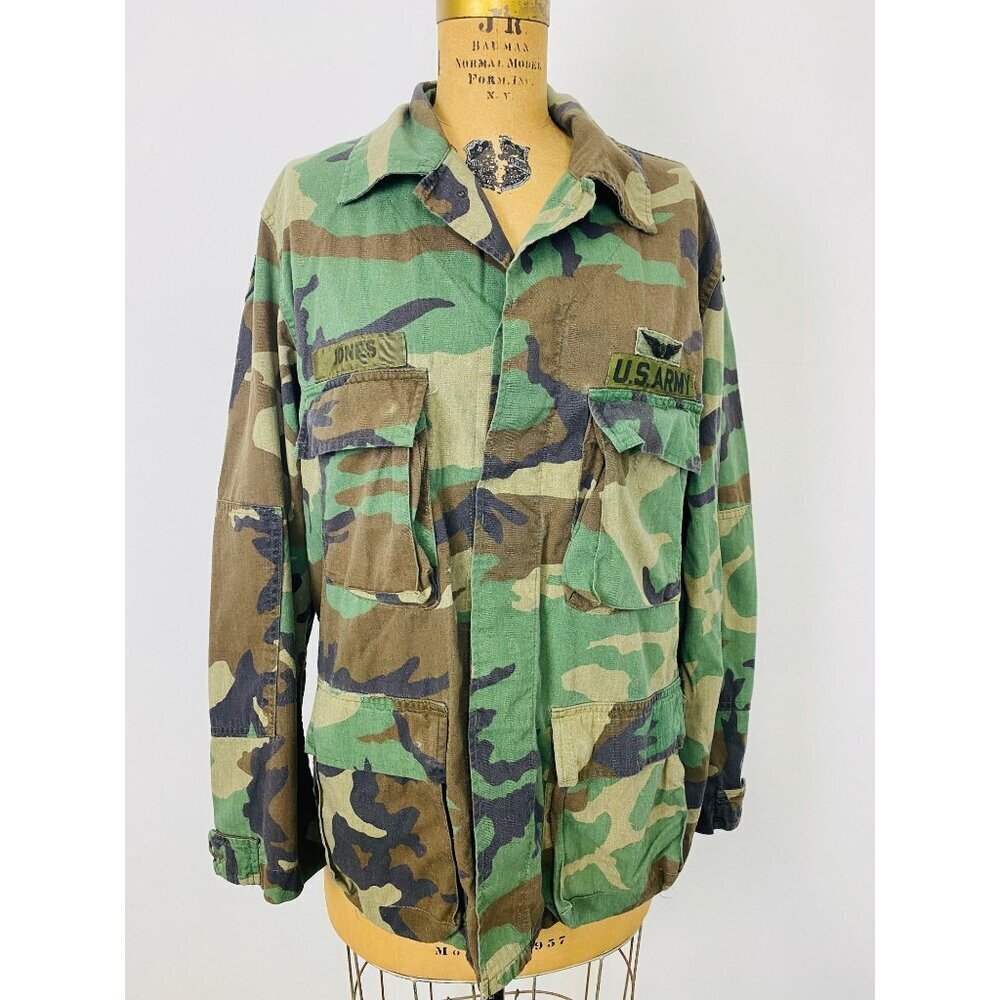 Vtg US Army Woodland Camouflage Combat Coat, L, Camo Jacket, 6 Point Star Patch